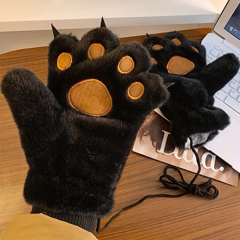 Cozy Cat Paw Plush Mittens - Ultra-Warm, Windproof Thick Fleece Gloves with Cute Animal Design for Cycling, Skiing & Outdoor Activities, White with Brown Accents
